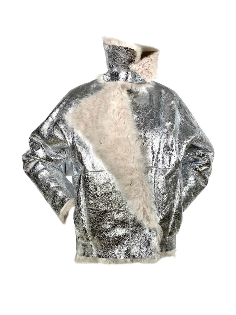 Marni Metallic Silver Lamb Shearling-Lined Leather Jacket 40/4